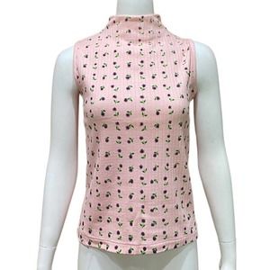 Vintage Pink Flower Sleeveless Mock Neck Ribbed Top